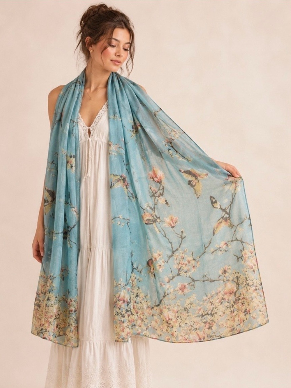 NWOT Blue Floral & Bird Lightweight Scarf Wrap